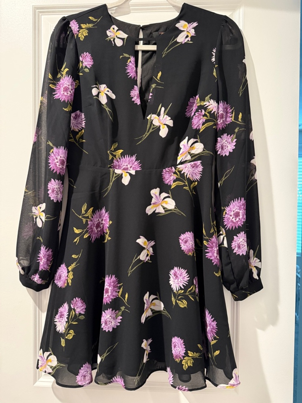 Forever 21 Black Floral Long Sleeve Dress - Purple & White Flowers